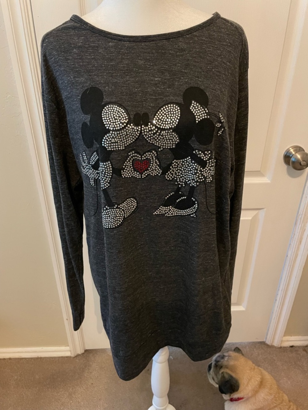 Disney Charcoal Long Sleeve Rhinestone Mickey & Minnie Heart Tee
